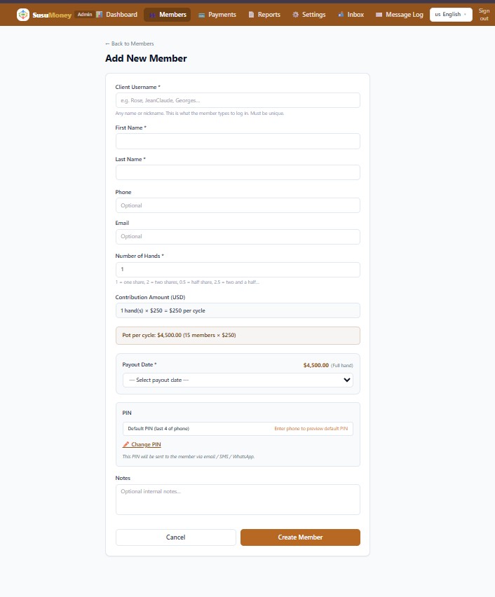 Admin Add New Member form showing phone number field