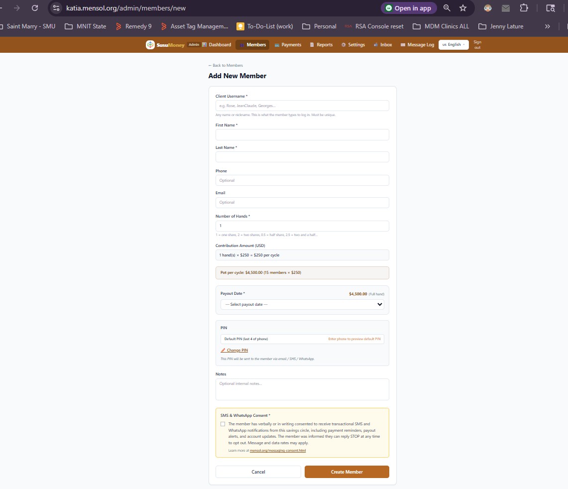 SMS and WhatsApp consent checkbox in Add New Member form — required before account creation