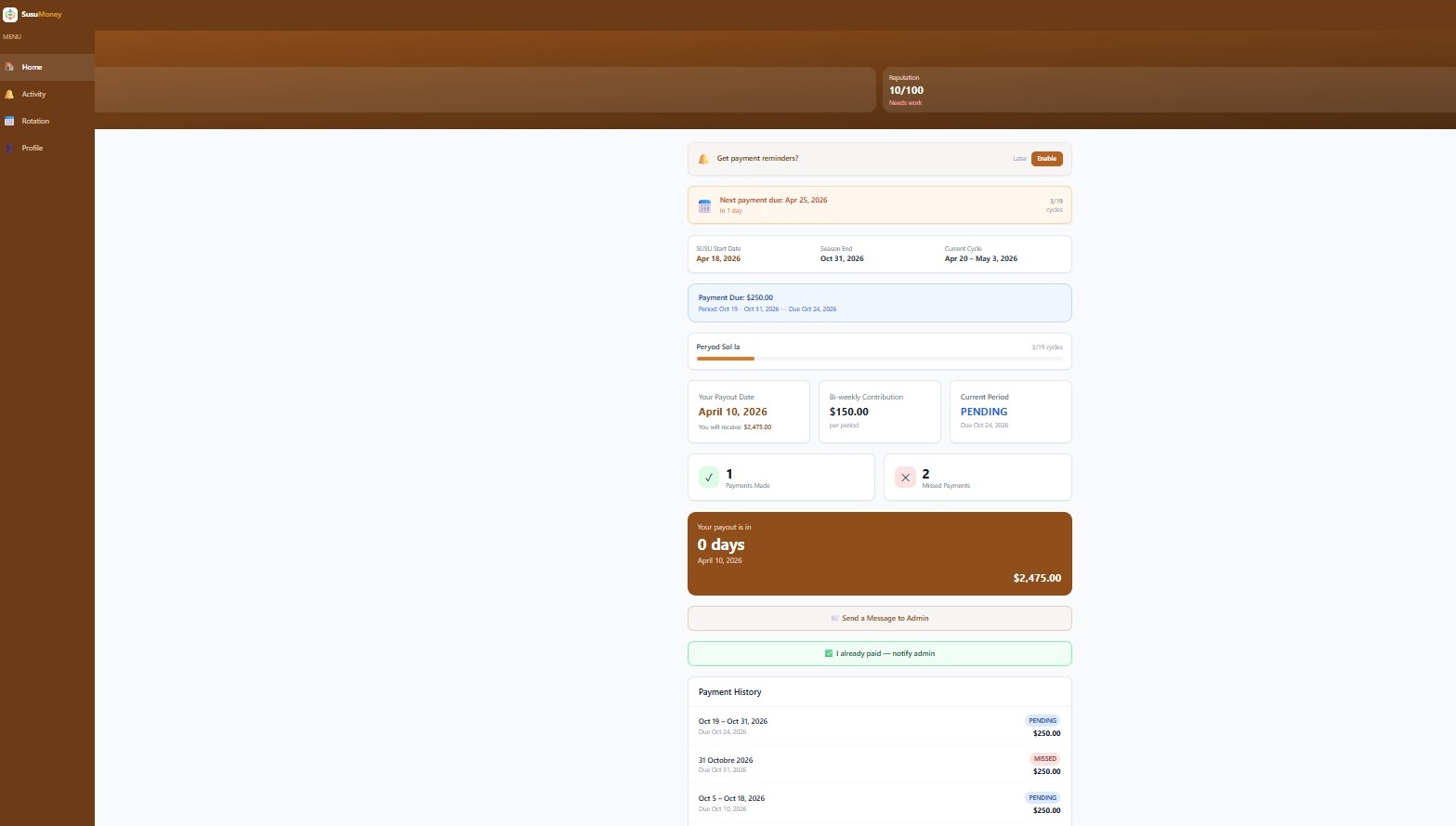 Member dashboard showing payment tracking and account info