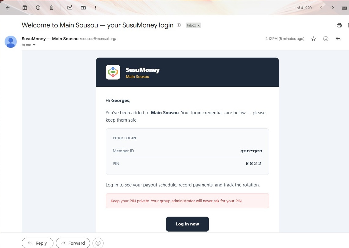 Welcome email showing SusuMoney branding and login credentials